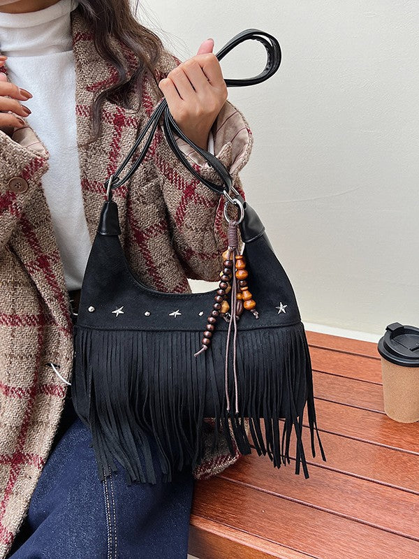 Women's Autumn Deerskin Veet Matte Tassel Retro Commuter Tote Bag