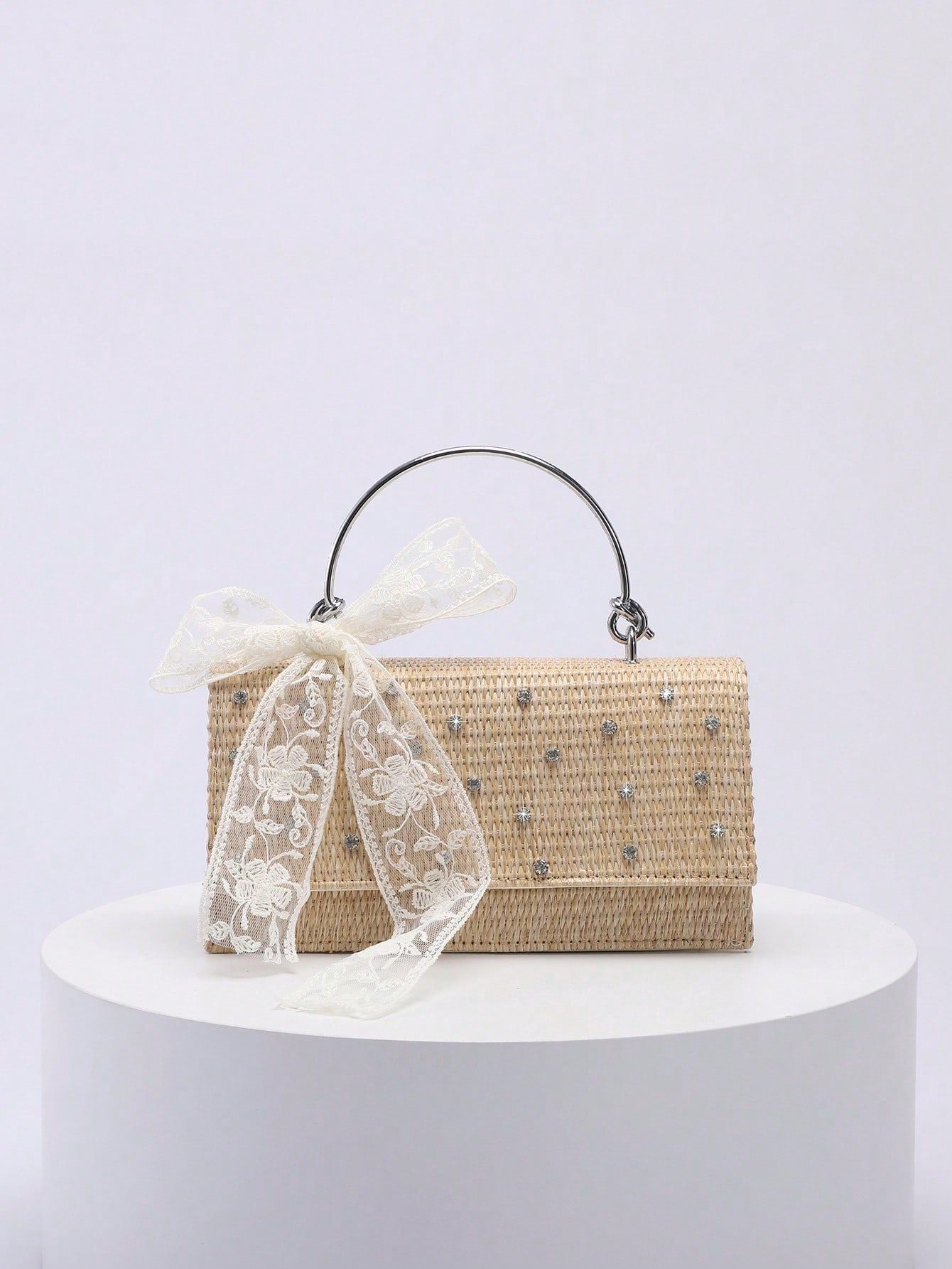Women's Straw Woven Summer Diamond Shiny Crystal Lace Women's Handbag