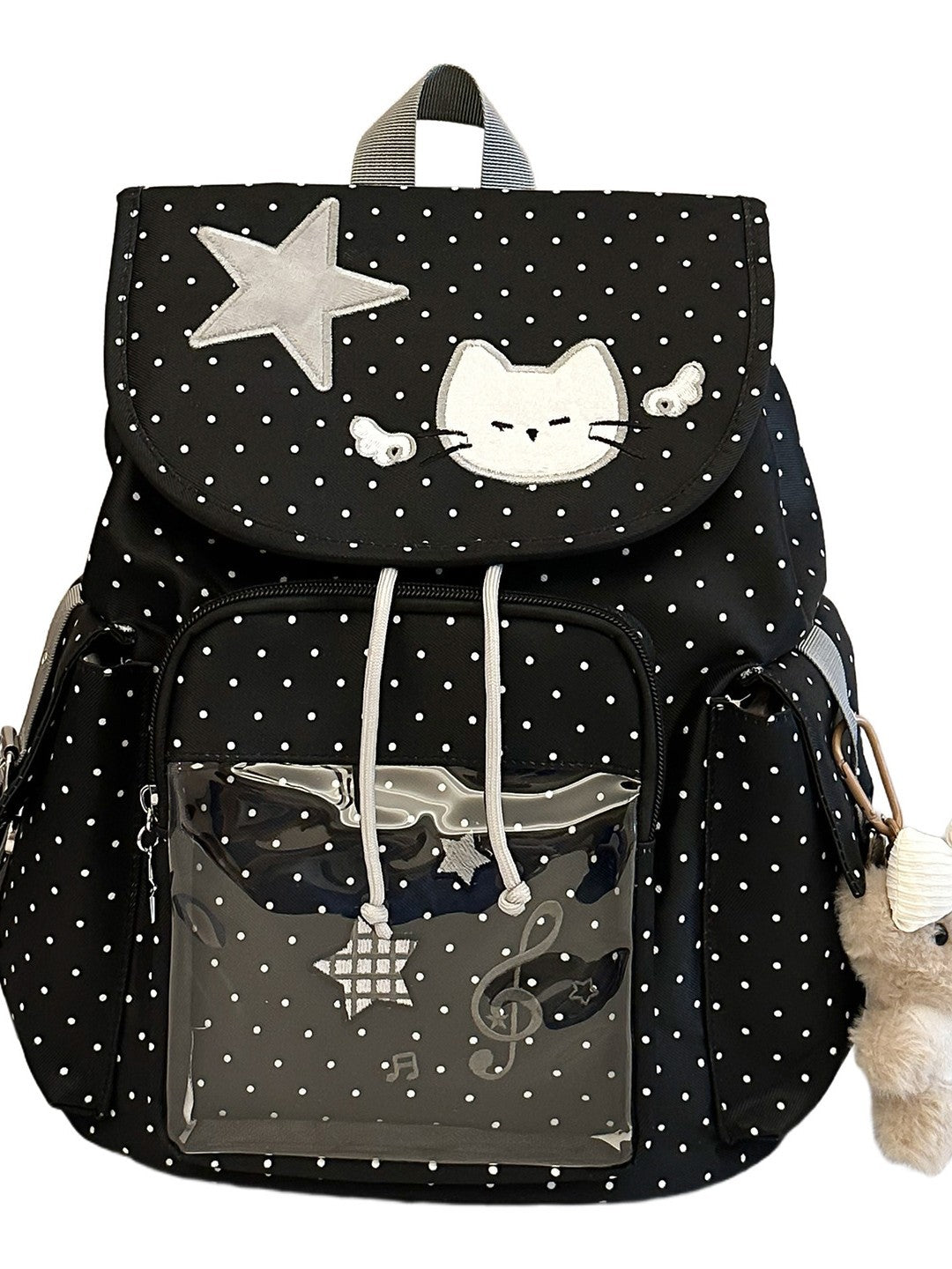 Korean Cute Polka Dot Cat Embroidery Drawstring Soft Leisure Backpack