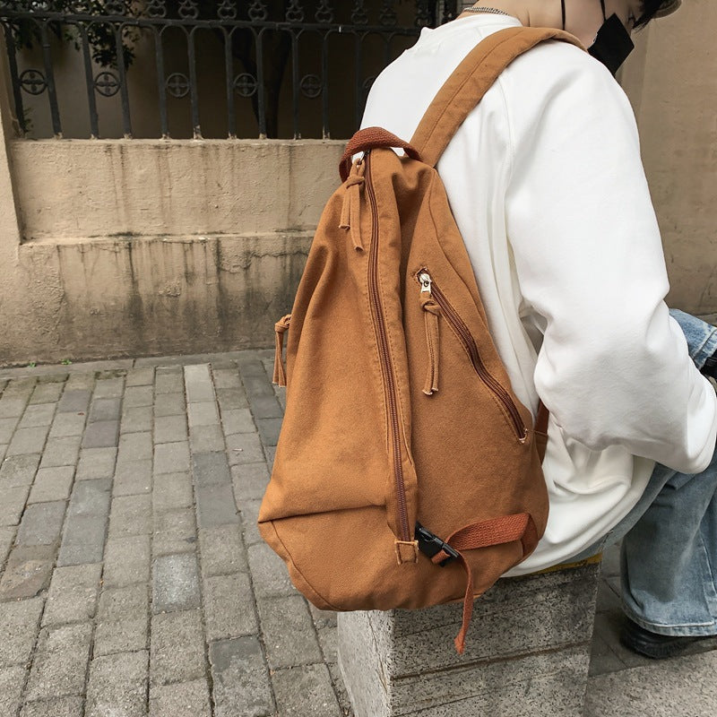 Women's Washed Canvas Idle Style Personalized Korean Solid Color Leisure Backpack