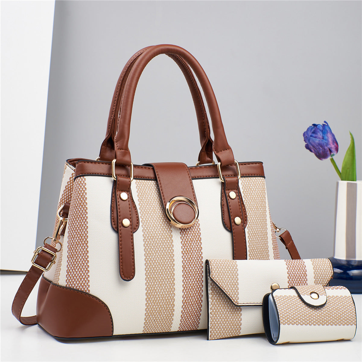Large Capacity Stitching Canvas Three-piece Color Matching Bags