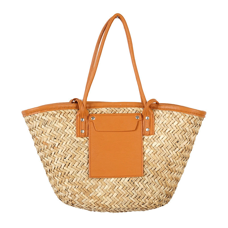 Versatile Large Capacity Straw Woven Stitching Women's Shoulder Bag