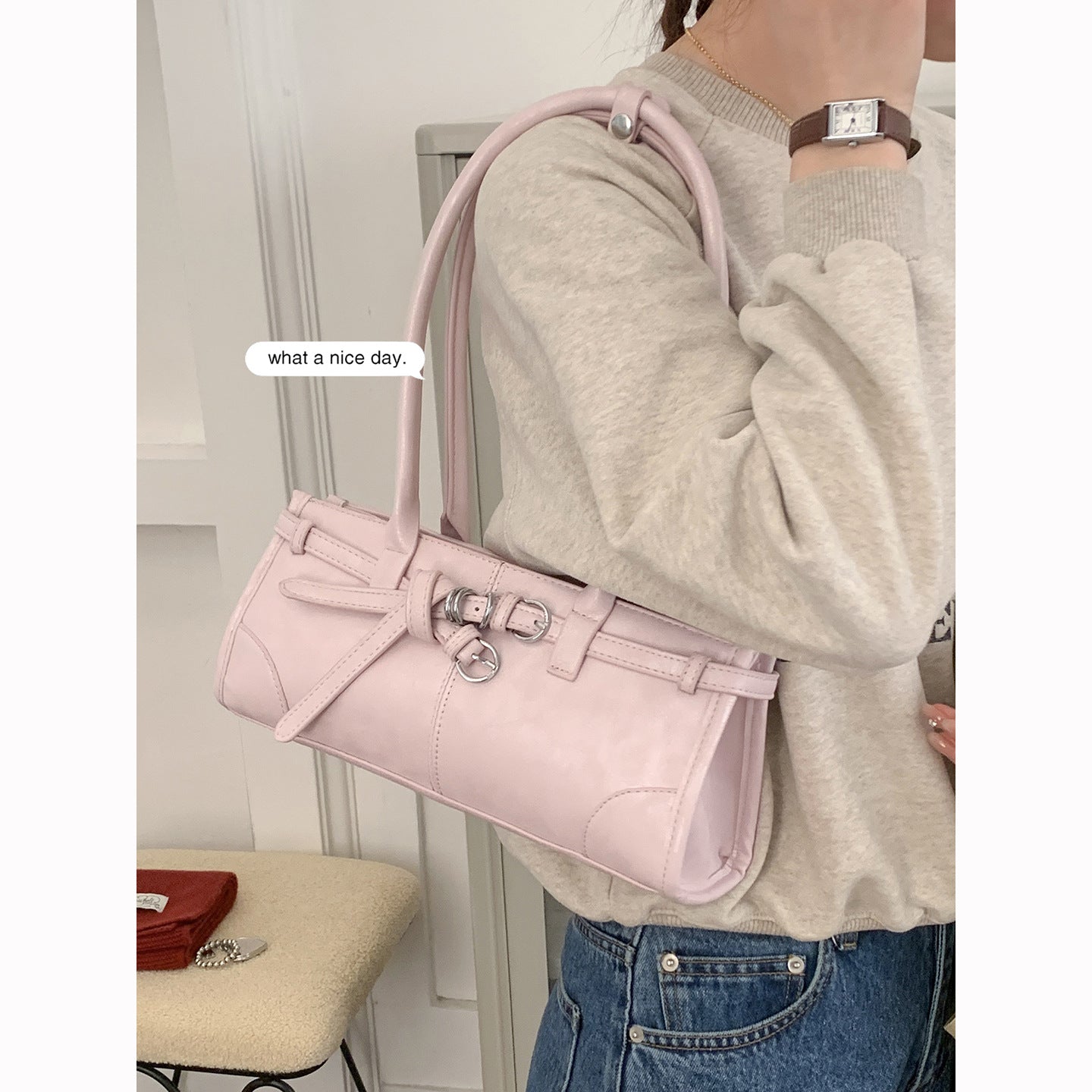 Women's Korean Style Niche Pink Portable Spring Fashion Commuter Underarm Bag