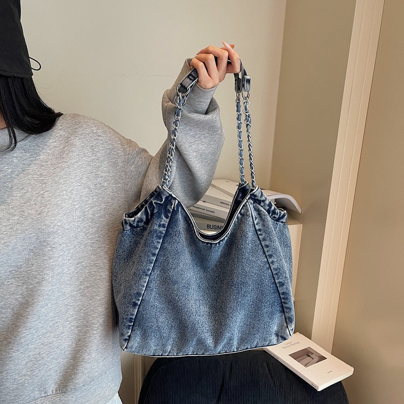 Women's Denim Fashion Chain Large Capacity Commuter Bags