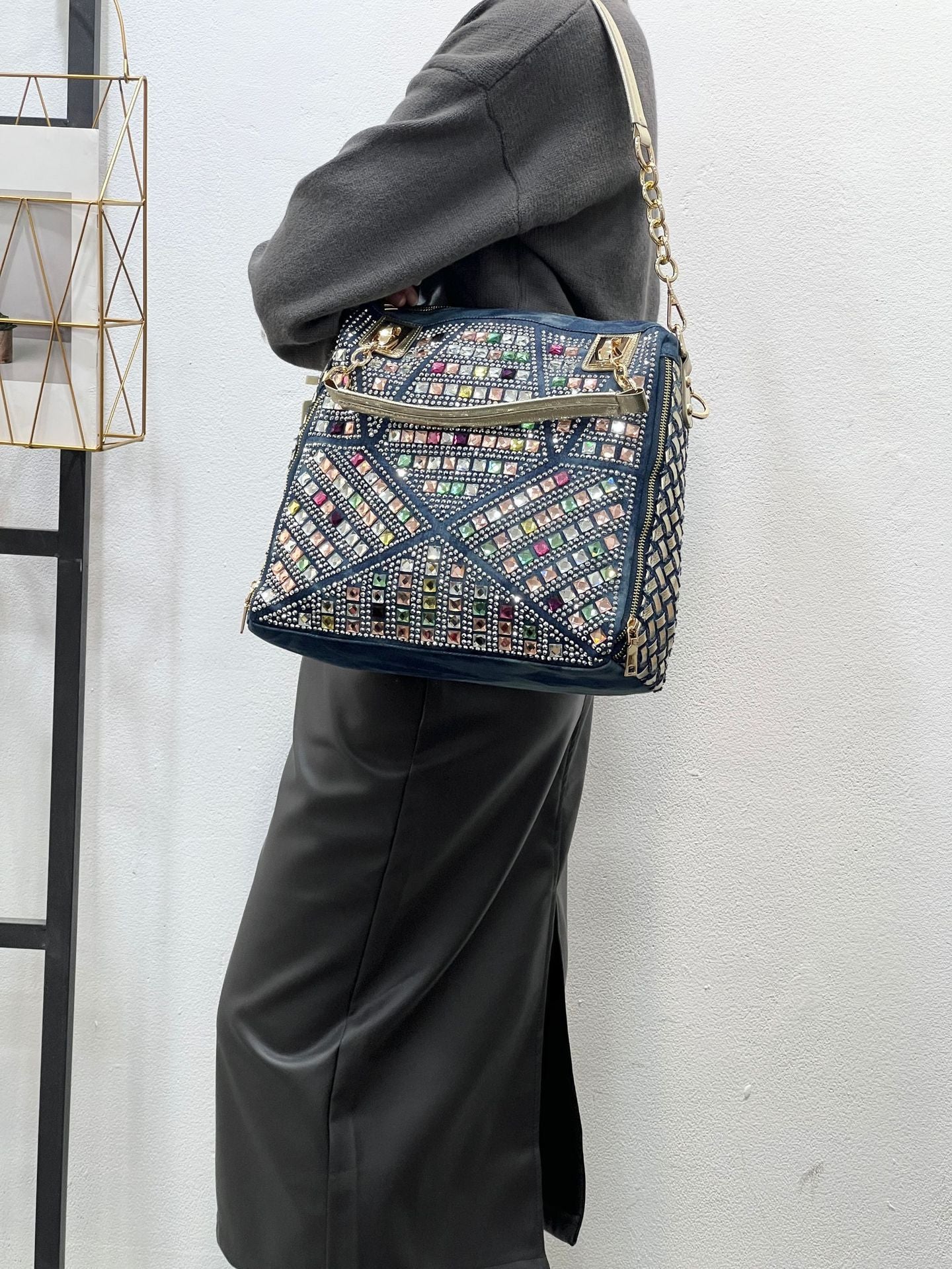 Women's Woven Fashion Rhinestone Denim Large Capacity Women's Handbag