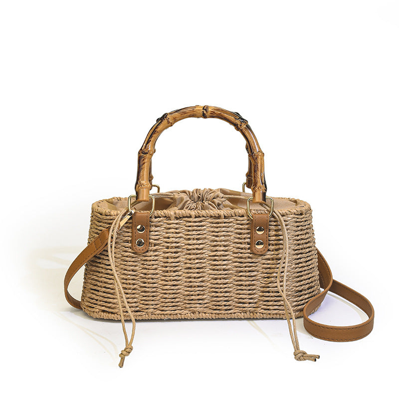 Women's Retro Portable Bamboo Festival Pastoral Style Straw Woven Bucket Bags