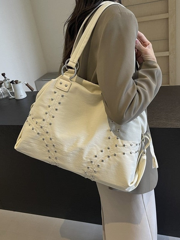 Women's Large Capacity Textured Rivet Lightweight Idle Shoulder Bags