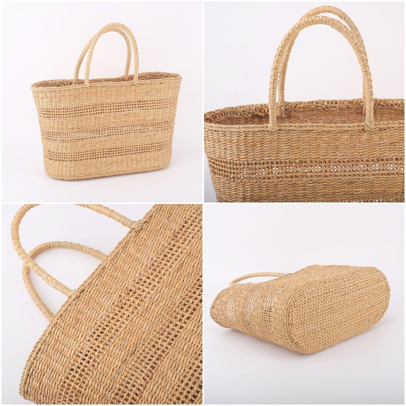 Yellow Grass Woven Picnic Basket Vacation Beach Solid Color Fashion Women's Handbag