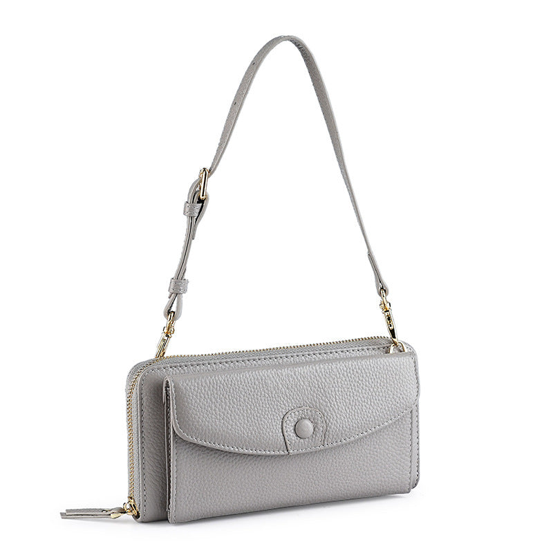 Women's Underarm Layer Cowhide Zipper Mobile Function Genuine Bags