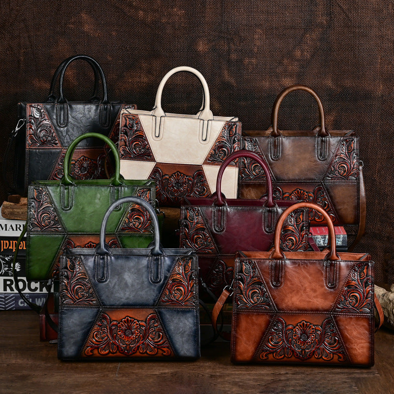 Women's Retro Patchwork Chinese Style Artistic Handmade Leather Carving Texture Women's Handbag