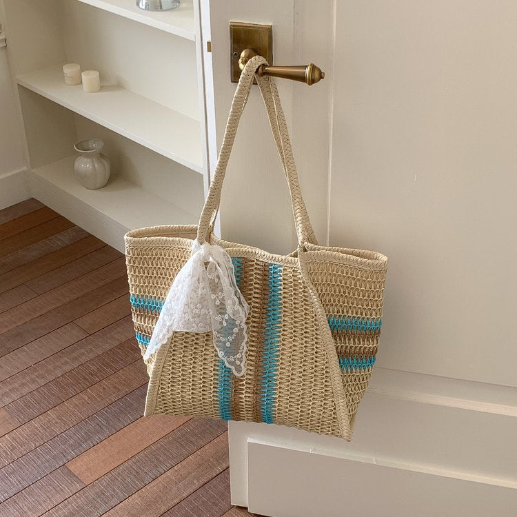 Large Capacity Commuter Straw Woven Fabric Leisure Striped Bags
