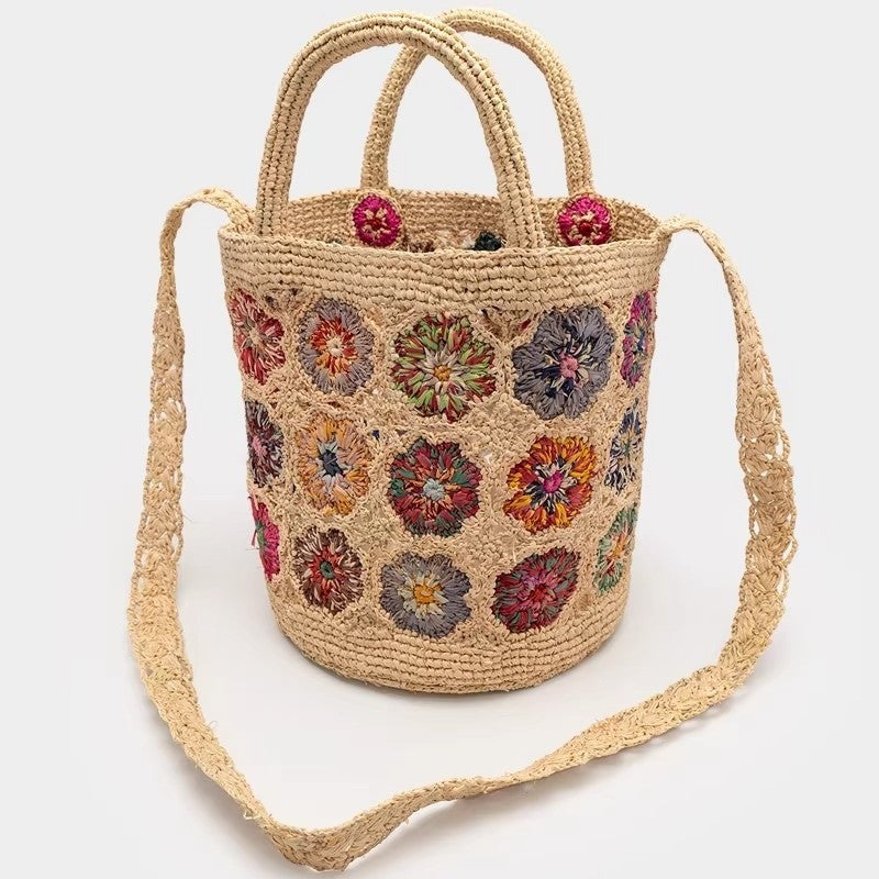 Women's Handmade Raffia Colorful Straw Seaside Vacation Bucket Bag
