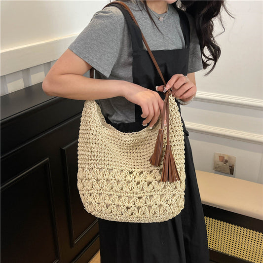 Women's Cute Leisure Vacation Woven Straw Seaside Tassel Tote Bag