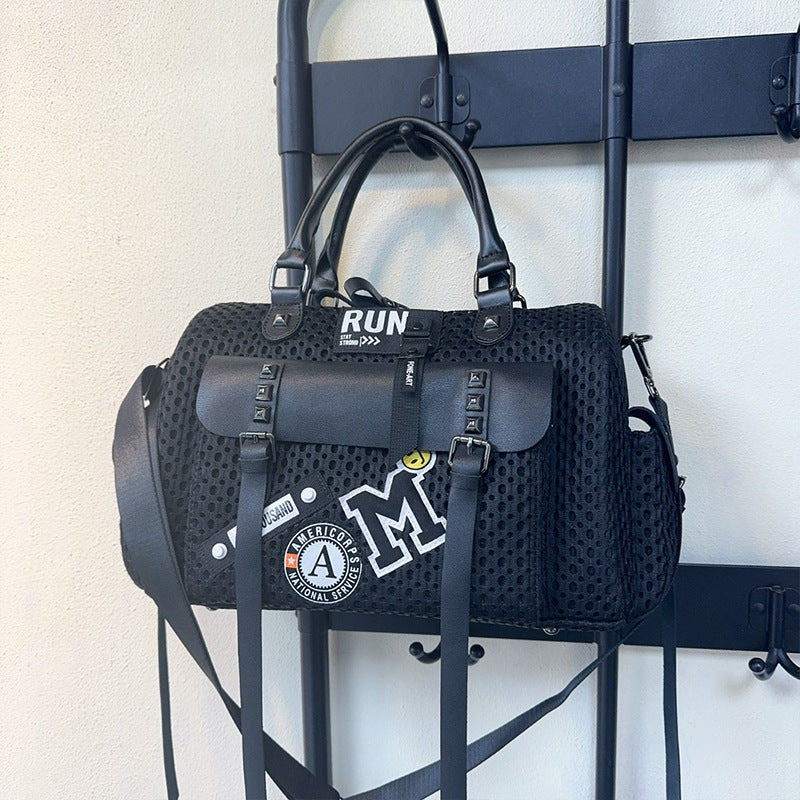 Women's Trendy Fashionable Mesh With Leather Large Bags