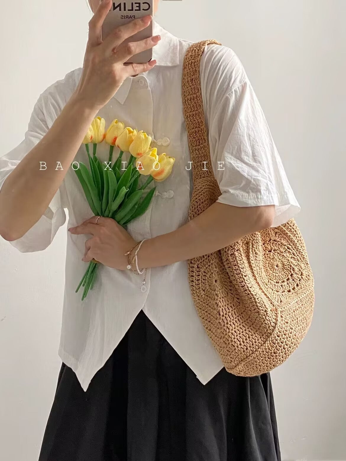 Women's Large Capacity Cotton Thread Woven Grandma Grid Bags
