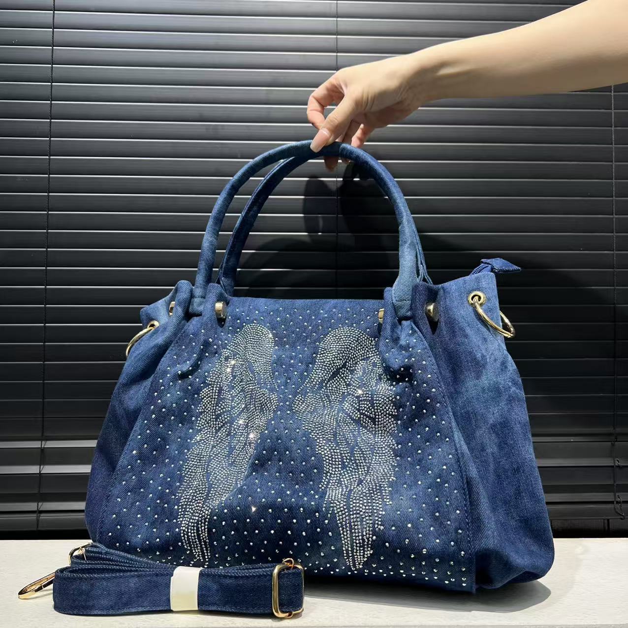 Women's Diamond Decorations Washed Denim Large Capacity Tote Bag