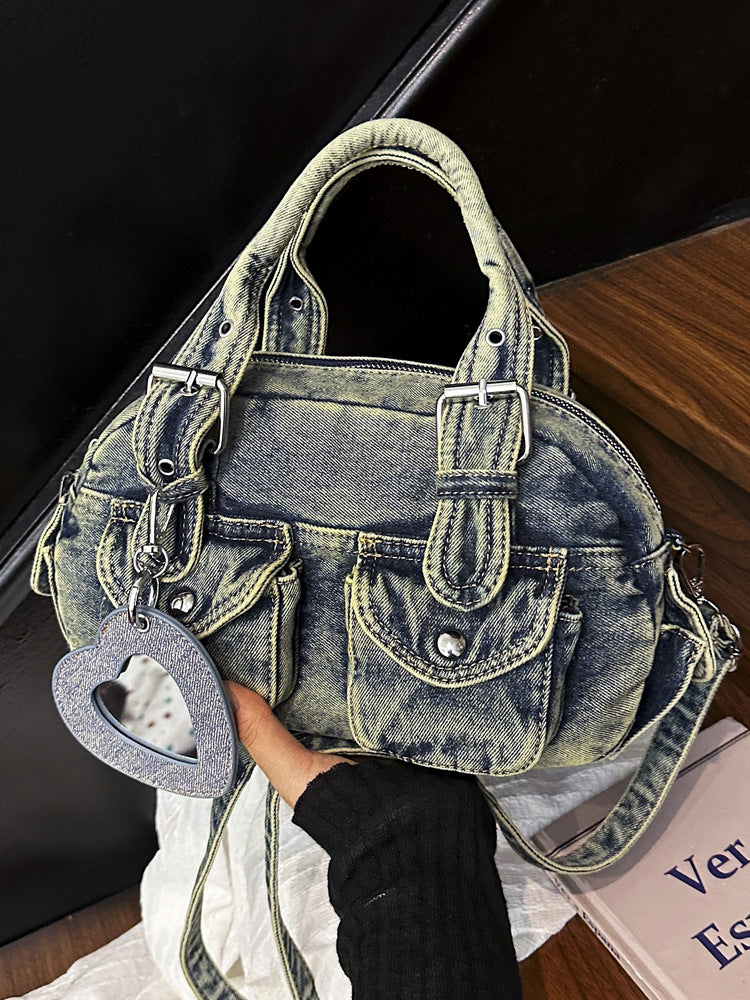 Women's Denim Pleated Portable Boston Bowling Bags