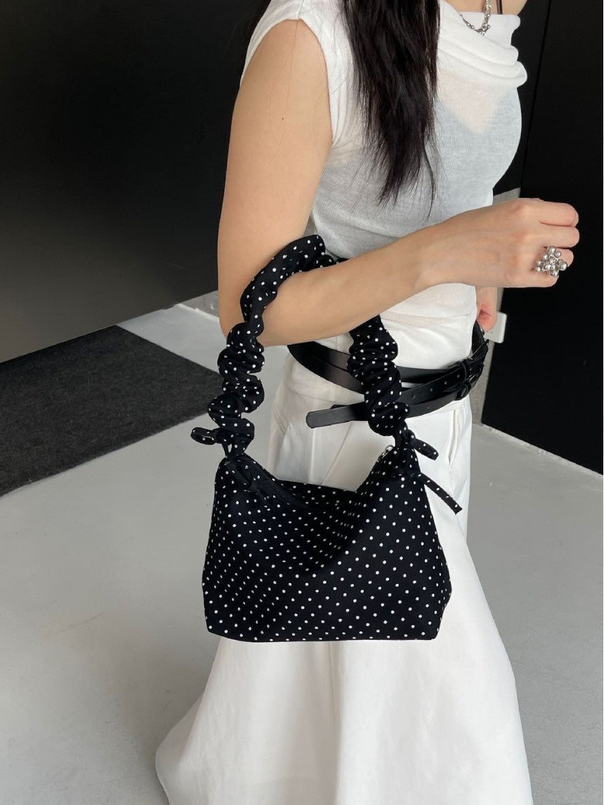Women's Fashionable Polka Dot Drawstring Ruffle Adjustable Strap Convenient Shoulder Bags