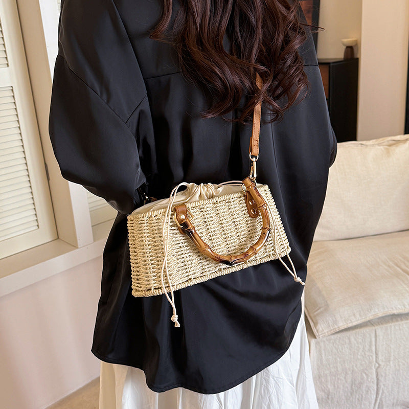 Women's Retro Portable Bamboo Festival Pastoral Style Straw Woven Bucket Bags