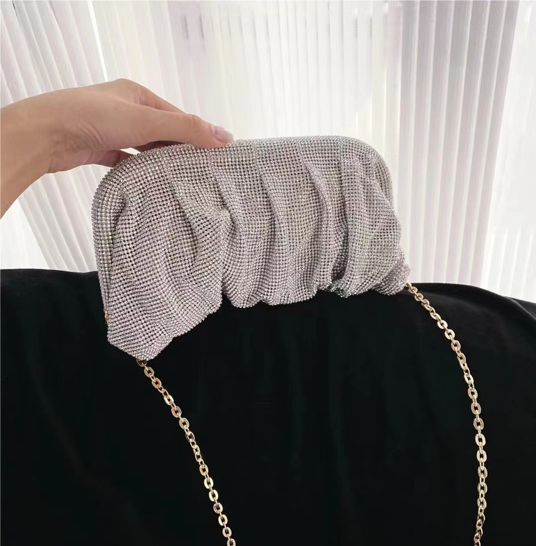 Studded Hand Crystal Pleated Chain Rhinestone Cloud Dumplings Clip Women's Shoulder Bag