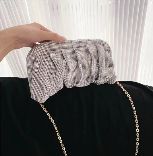Studded Hand Crystal Pleated Chain Rhinestone Cloud Dumplings Clip Women's Shoulder Bag
