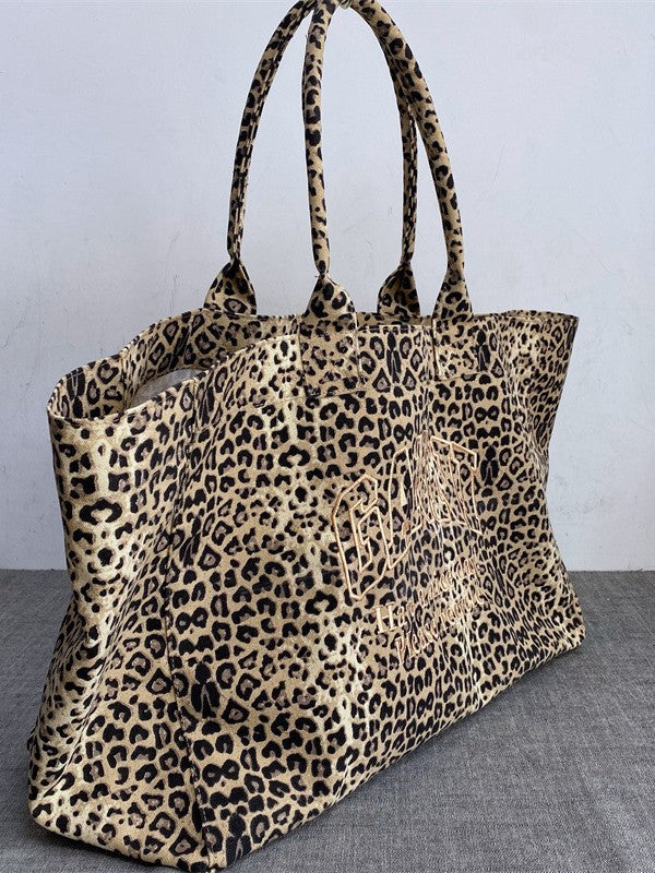 Women's & Men's Leopard Print Embroidered Canvas Leisure Shopping Tote Bag