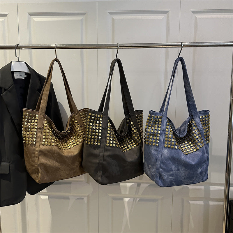 Women's Fashion Rivet Large Capacity Shopping Portable Underarm Tote Bags