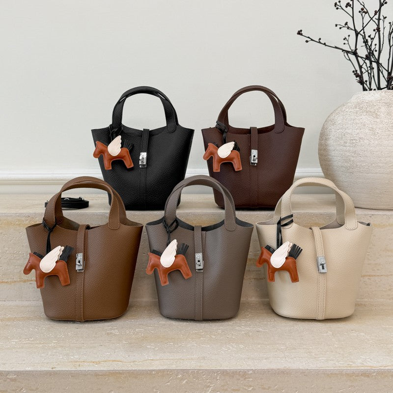 Women's Simple Lychee Pattern Design Korean Style Graceful Fashionable Bucket Bag