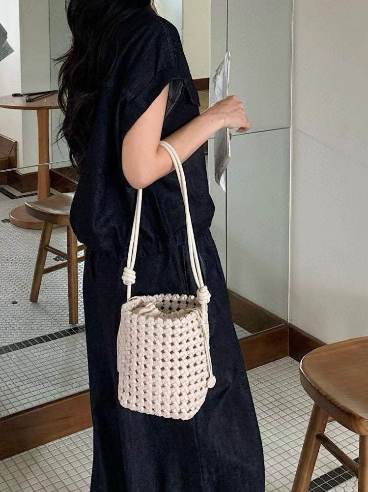 Windmill Knot First Layer Cowhide Handmade Woven Single Hollow Bucket Bags