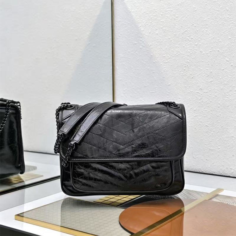 Medium Oil Wax Cowhide Poplar Wood Commuter Underarm High Sense Shoulder Bags