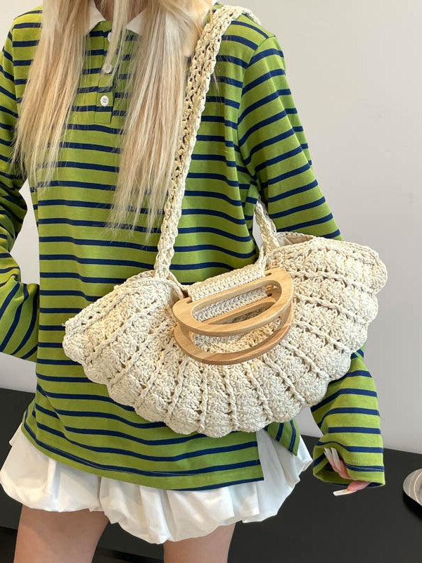 Woven Design Wooden Hand Holding Bao Vacation Beach Women's Shoulder Bag