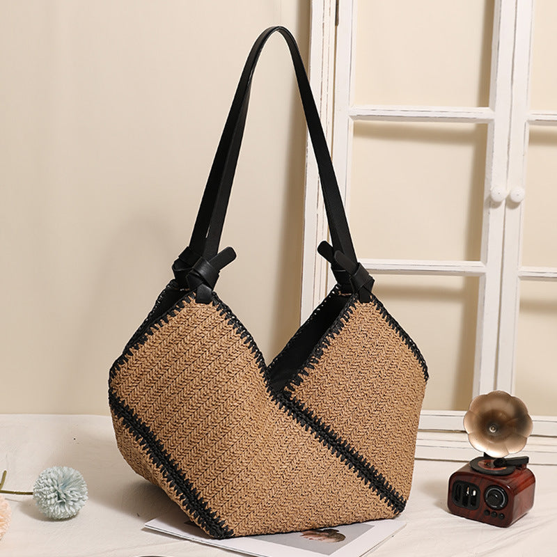 Fashion Black Edge Straw French Large Capacity Women's Shoulder Bag