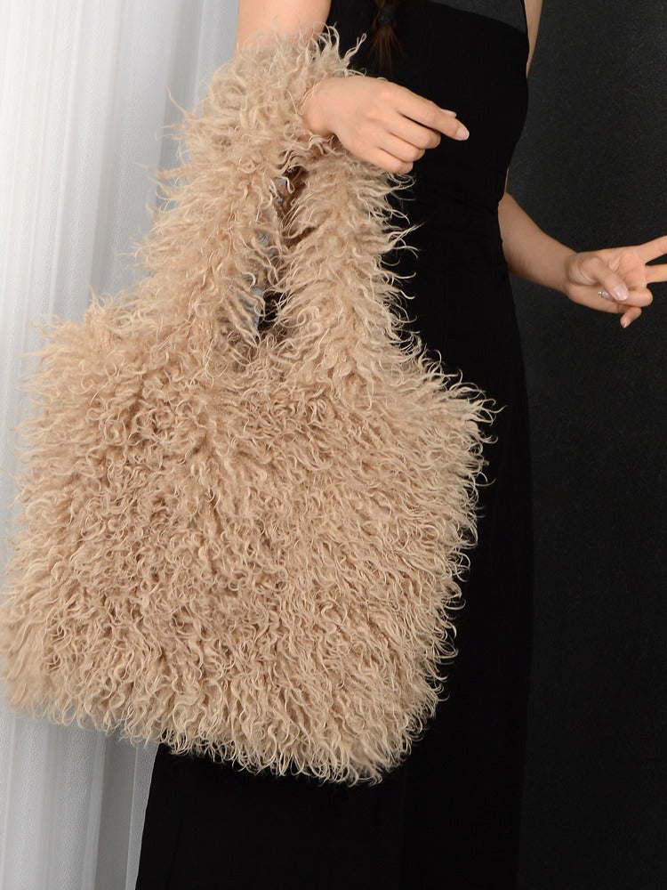 Women's Imitation Fur Tan Sheep Plush Portable Large Capacity Totes Bags