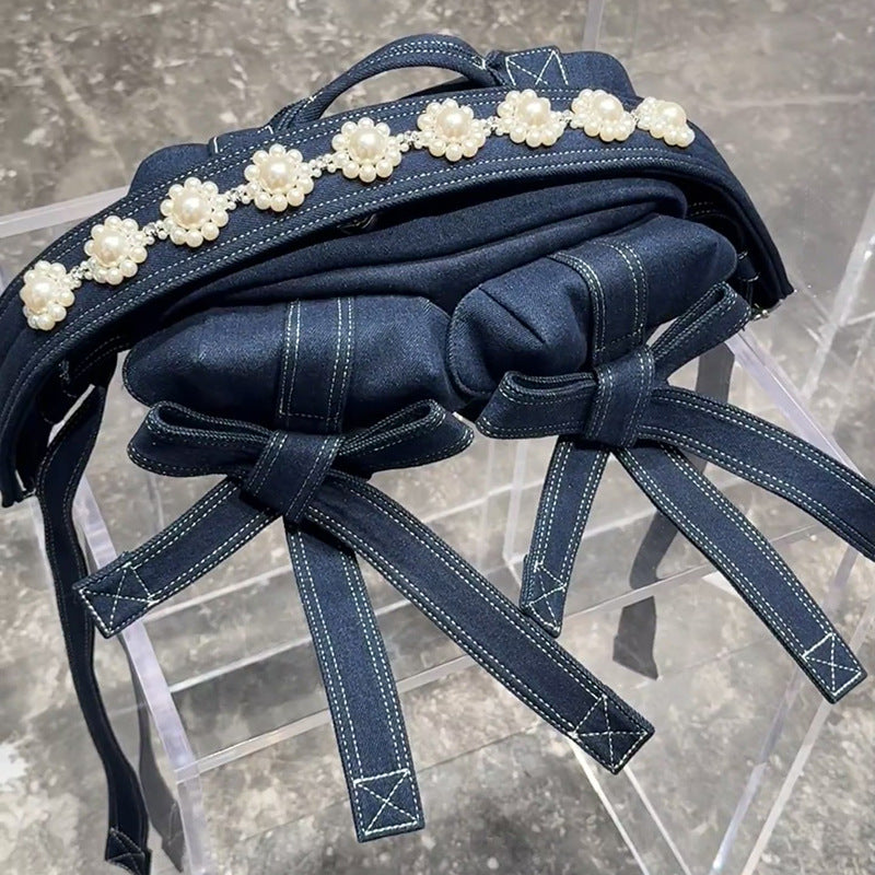 Retro Minority Denim Fashion Pearl Commuting Women's Shoulder Bag