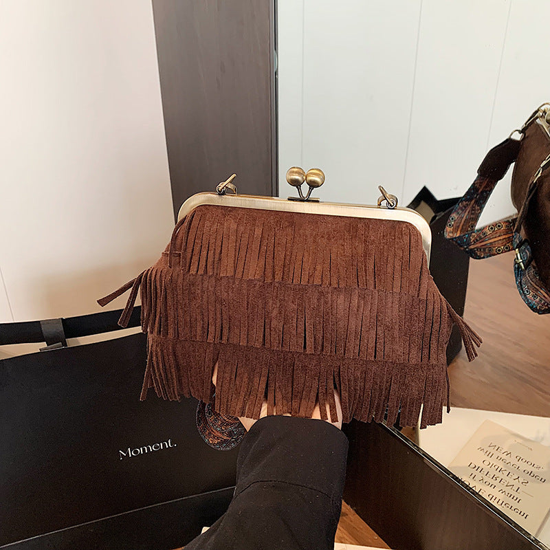 Women's Texture Tassel Retro Easy Matching Style Simple Korean Wide Shoulder Bags