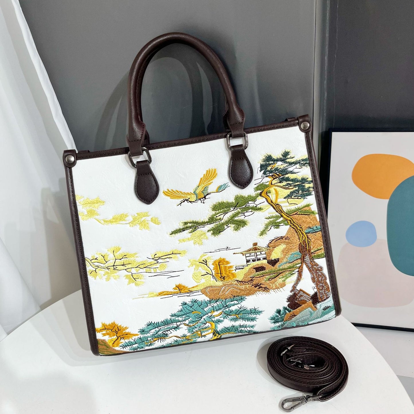 Embroidery Landscape Bridal Wedding Leisure Commute Tote Bags