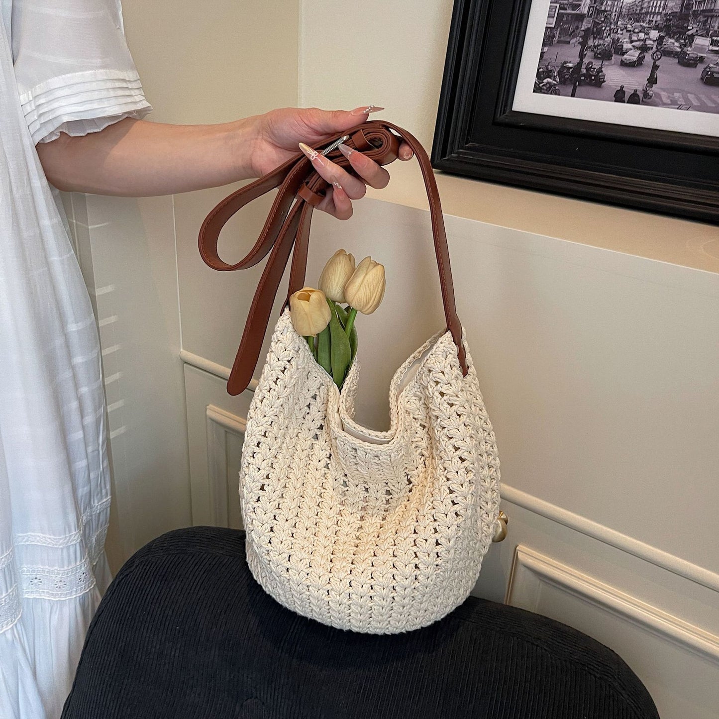 Fashionable Knitted Vegetable Basket Simple Beach Woven Bucket Bag
