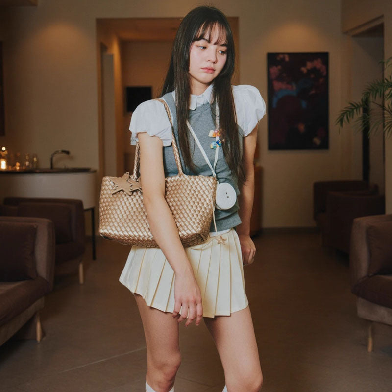 Hand-woven Medium Champagne Gold Soft Leather Idle Style Commuter Large Women's Shoulder Bag