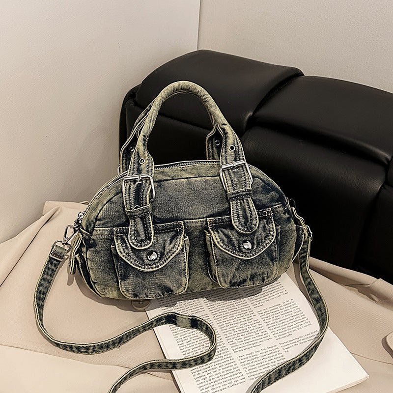 Women's Denim Pleated Portable Boston Bowling Bags