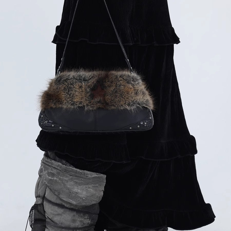 Black Brown Subculture Five-pointed Star Embroidery Stitching Plush Underarm Women's Messenger Bag