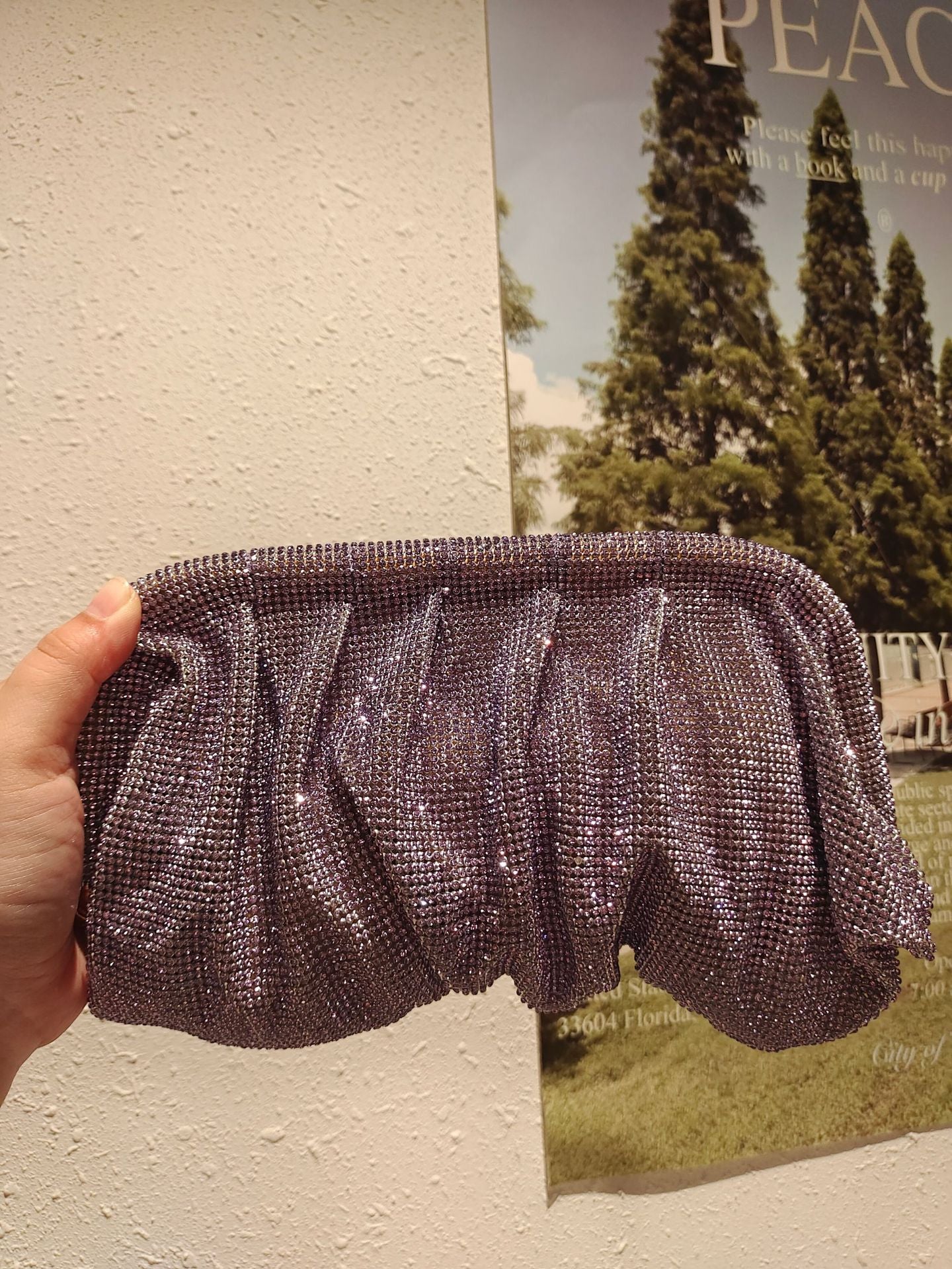 Studded Hand Crystal Pleated Chain Rhinestone Cloud Dumplings Clip Women's Shoulder Bag
