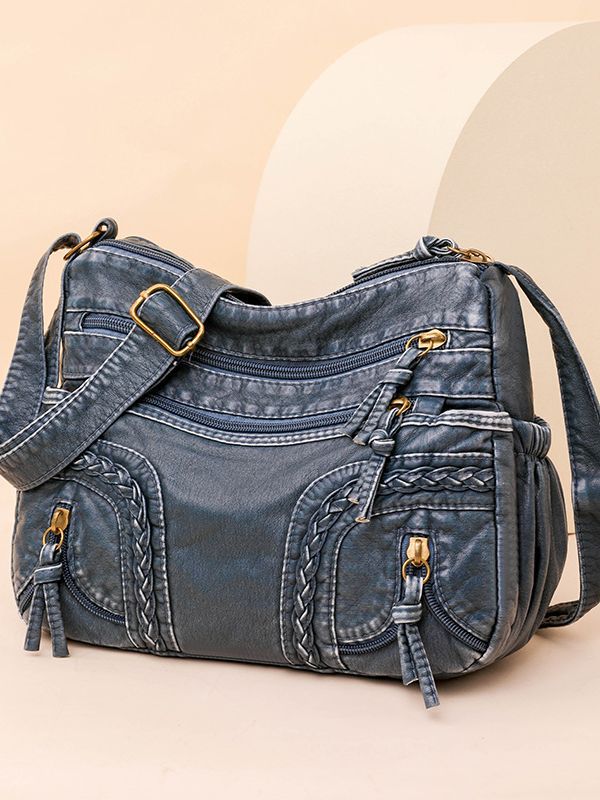 Women's Authentic Leather Tactile Feel Washed Woven Fashionable Large Capacity Women's Shoulder Bag