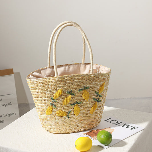 Women's Capacity Straw Embroidered Lemon Woven Seaside Vacation Style Women's Shoulder Bag