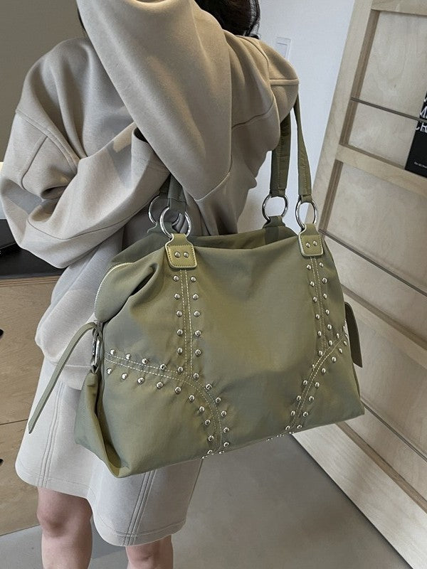 Women's Large Capacity Textured Rivet Lightweight Idle Shoulder Bags