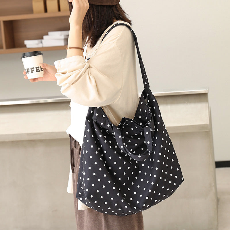 Korean Style Leisure Artistic Canvas Fashion Polka Dot Mori Contrast Women's Shoulder Bag