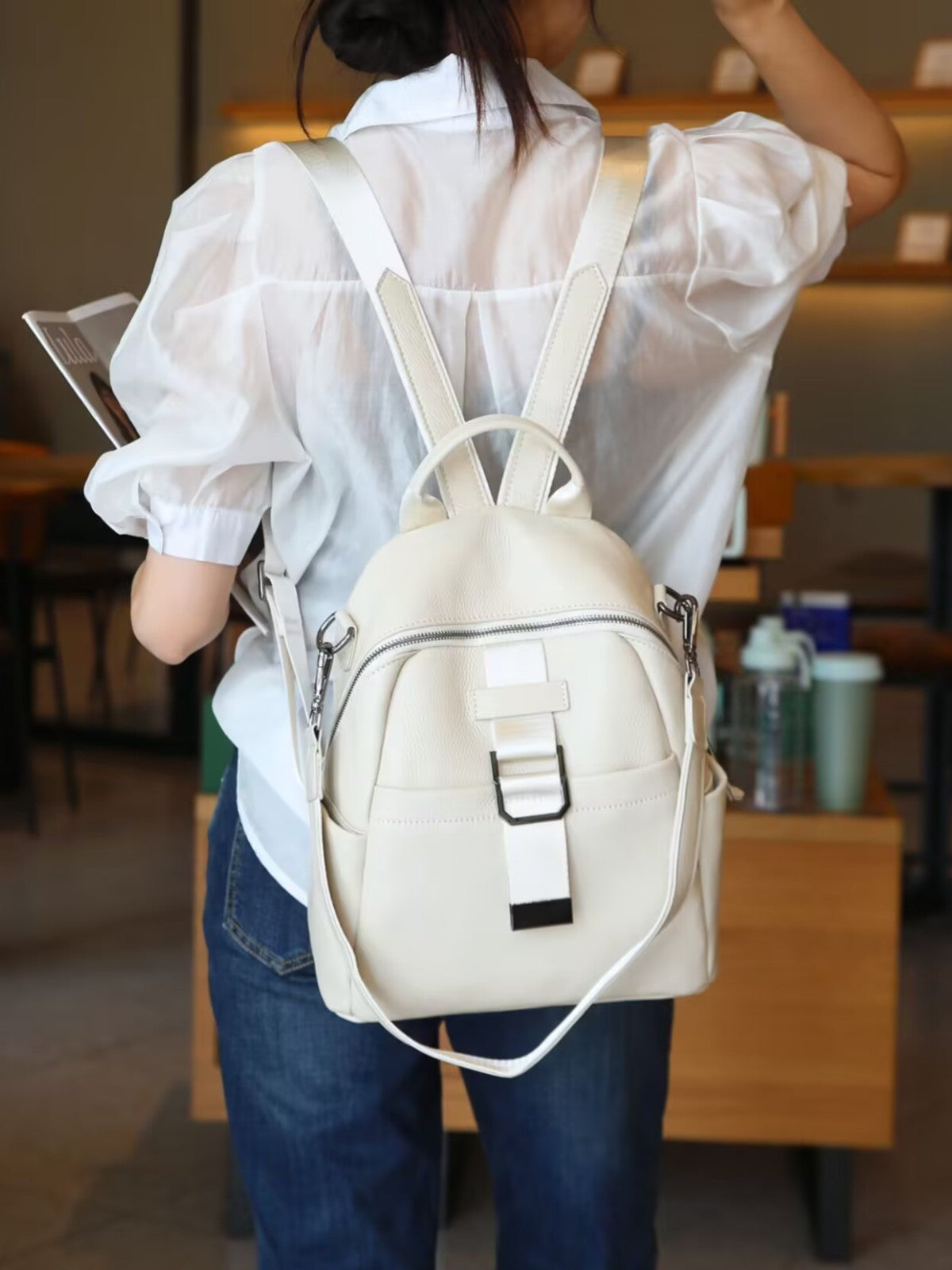 Women's First Layer Leather Lychee Pattern Elephant Gray Large Women's Backpack