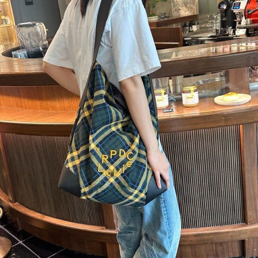 Song Canvas Retro Plaid Letter Embroidery Large Capacity Commuter Tote Bag
