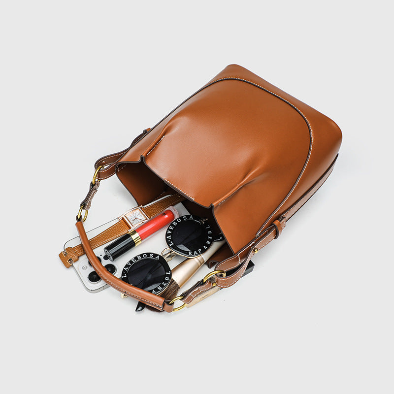 Women's Z Large Capacity Brown Drawstring Portable Cross Bucket Bag