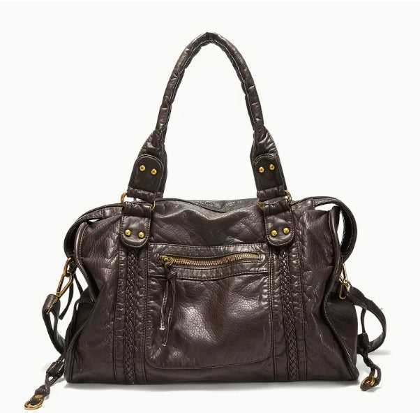 Women's French Retro Motorcycle Large Capacity Washed Tote Bags
