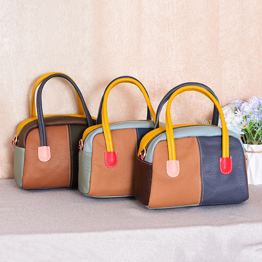 Women's First Layer Cowhide Fashion Retro Patchwork Contrast Women's Handbag